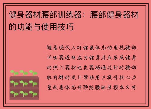 健身器材腰部训练器：腰部健身器材的功能与使用技巧