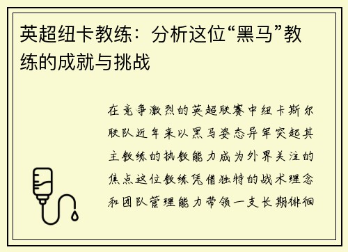 英超纽卡教练：分析这位“黑马”教练的成就与挑战