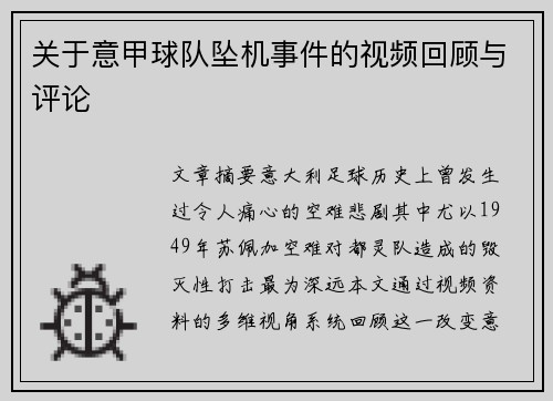 关于意甲球队坠机事件的视频回顾与评论
