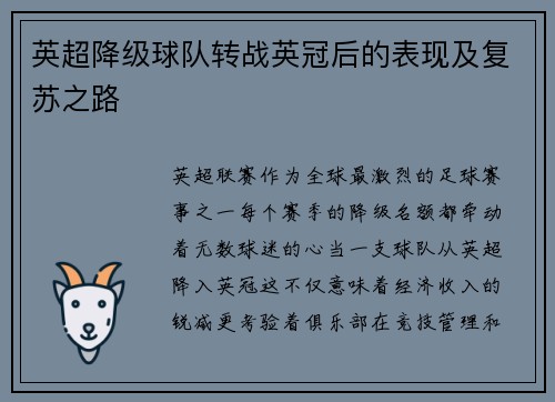 英超降级球队转战英冠后的表现及复苏之路