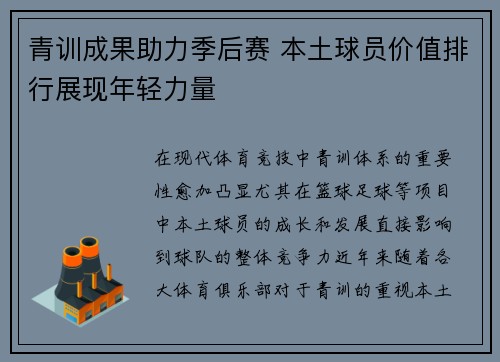 青训成果助力季后赛 本土球员价值排行展现年轻力量